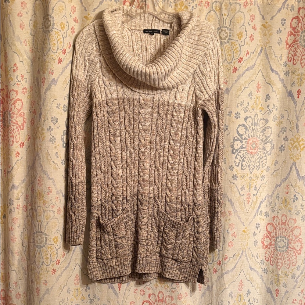 JEANNE PIERRE Cable-Knit Cowl Neck Sweater Tunic - Cream to Brown Ombre